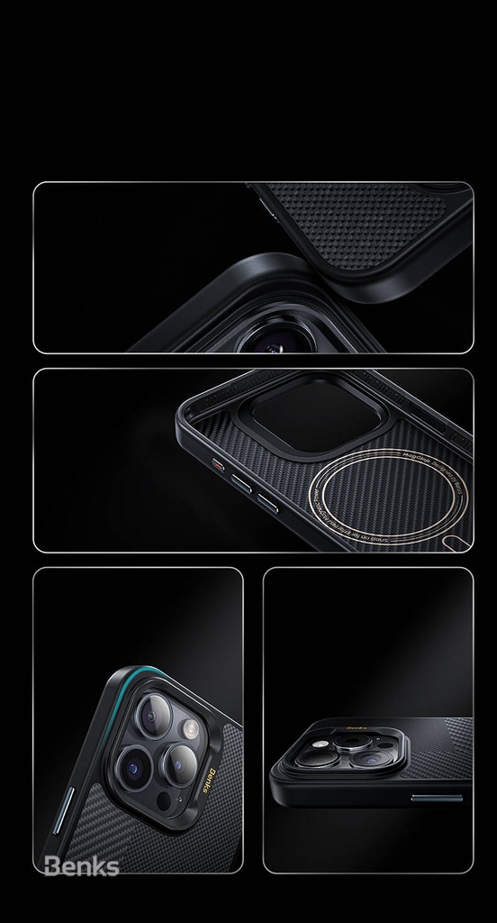 Apple iPhone 15 Pro Uyumlu Kılıf Magsafe Şarj Özellikli Karbon Fiber Benks Montage Hybrid Armor Pro 600D Kevlar Kapak - 3
