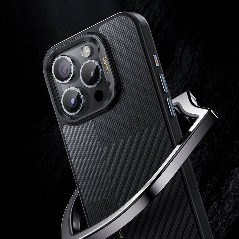 Apple iPhone 15 Pro Uyumlu Kılıf Magsafe Şarj Özellikli Karbon Fiber Benks Montage Hybrid Armor Pro 600D Kevlar Kapak - 6