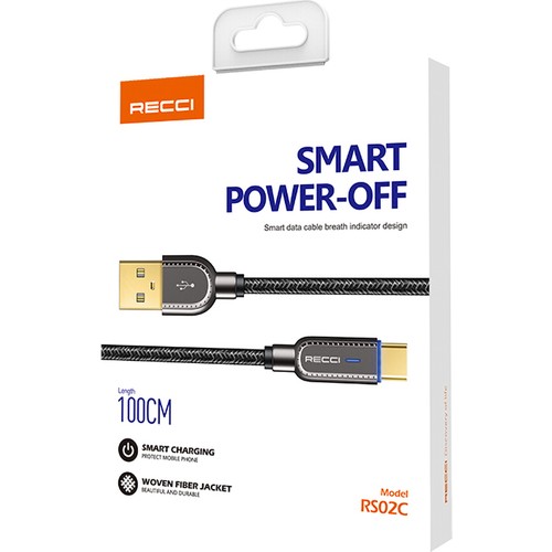 Recci RS02C Smart Power-Off Serisi Hızlı Şarj Özellikli USB-A To Type-C Kablo 1M
