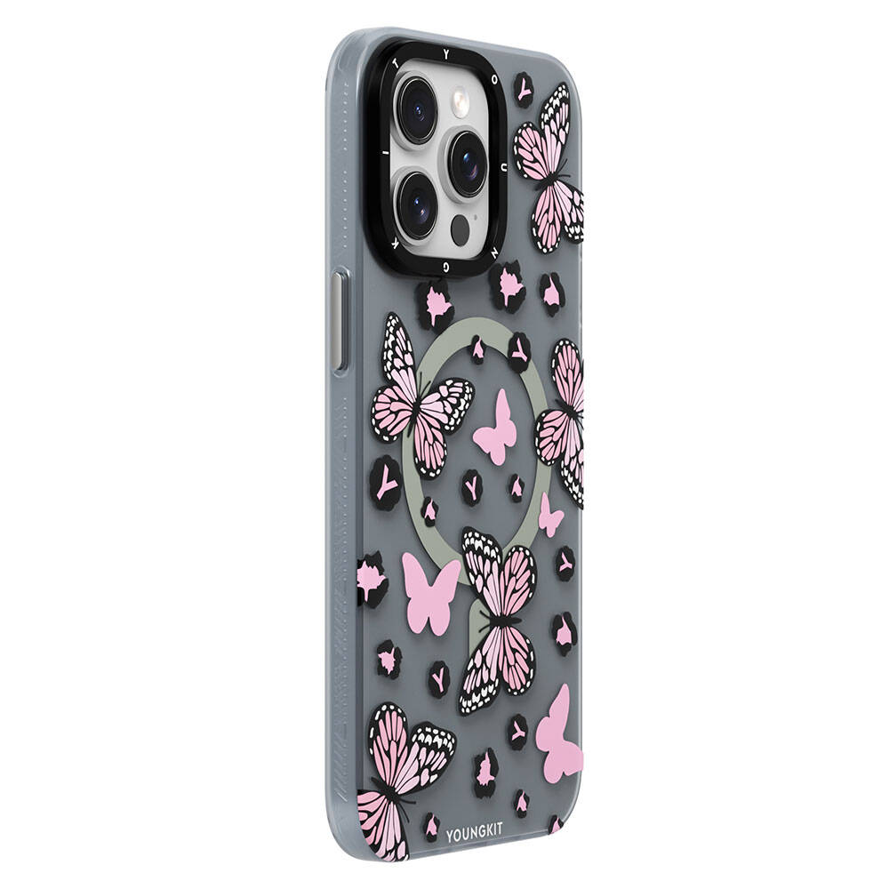 Apple iPhone 15 Pro Max Uyumlu Kılıf Magsafe Şarj Özellikli Kelebek Desenli Youngkit Shadow Dance Serisi Kapak - 1