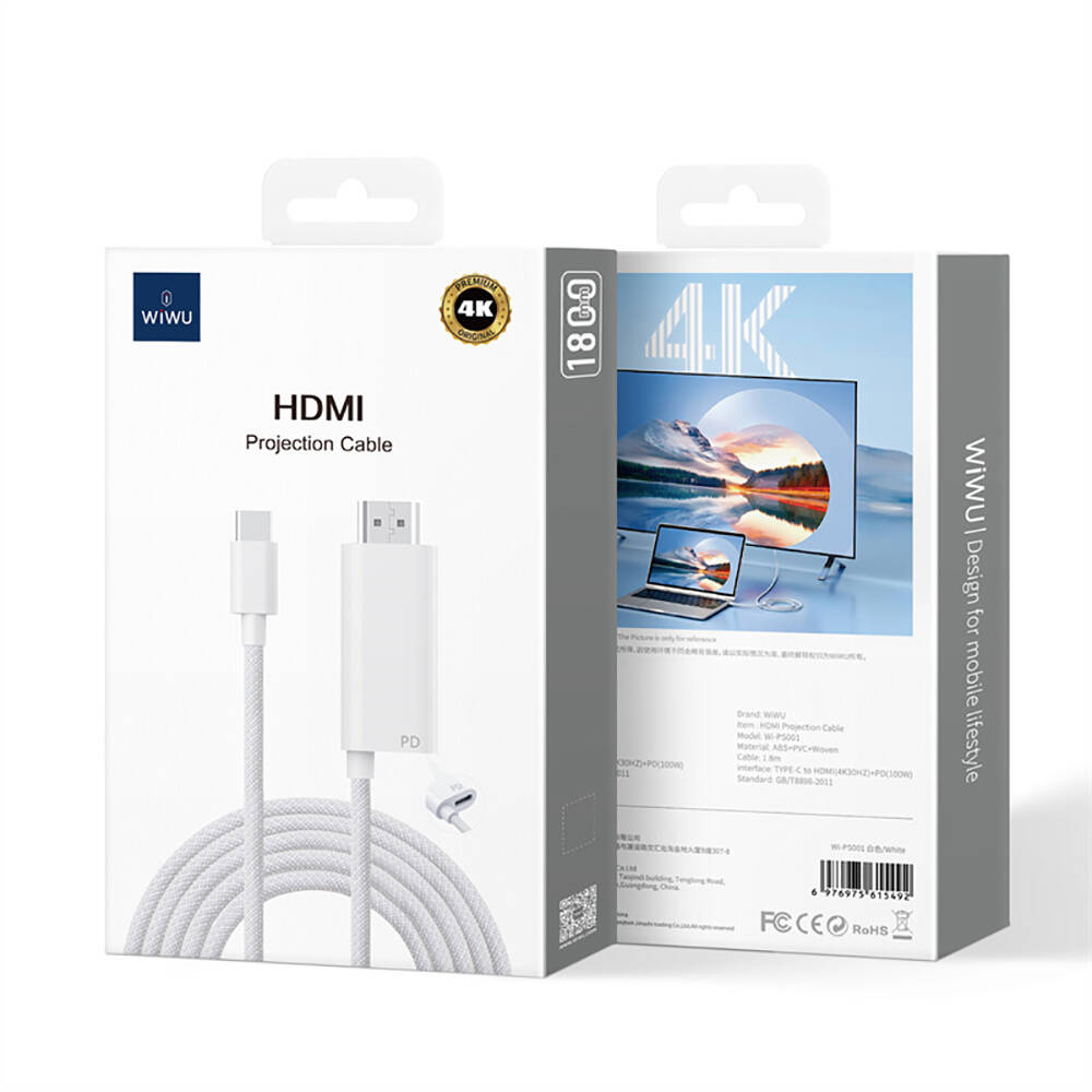 Wiwu Wi-PS001 Type-C to HDMI (4K@60Hz) PD Şarj ve Projeksiyon Kablosu 1.8M - 6