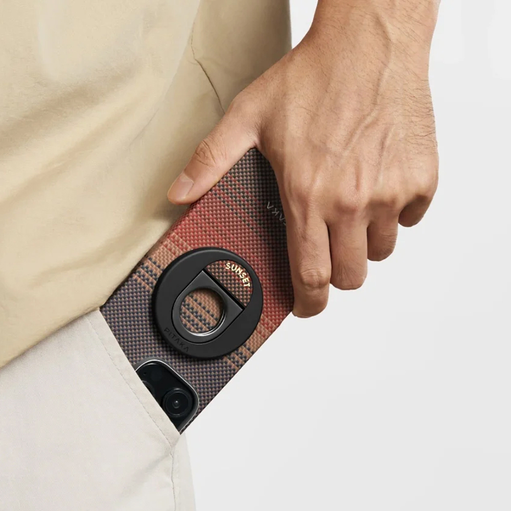 Apple iPhone 16 Pro Uyumlu Kılıf Magsafe Şarj Özellikli Grip 3 Standlı Aramid Fiber Pitaka Tactile Woven Sunset-Moonrise Serisi Sunset Kapak - 6
