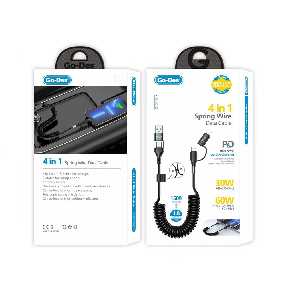Go Des GD-UC805 4in1 Type-C+USB-A to Type-C+Lightning Sarmal PD Şarj ve Data Kablosu 60W 1.8M - 1