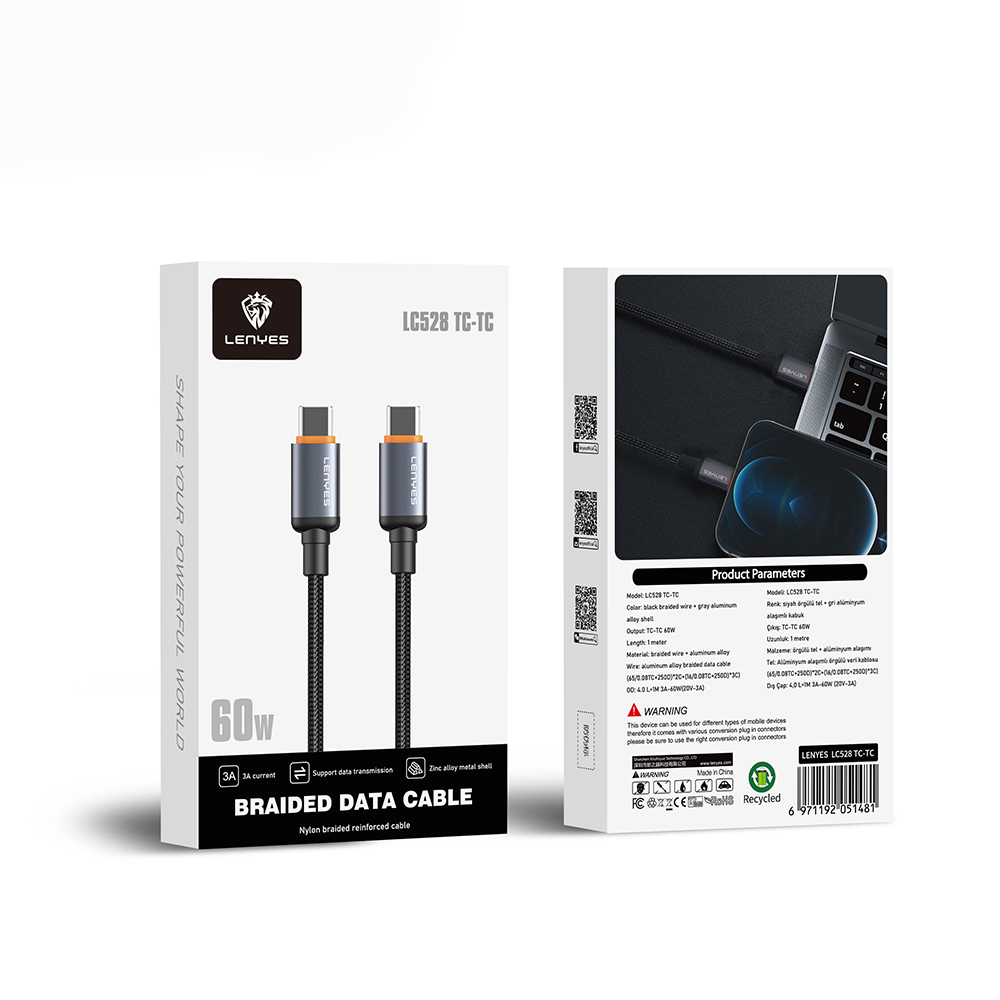 Lenyes LC528 Type-C to Type-C Hızlı Şarj Özellikli Örgülü Data ve Şarj Kablosu 60W 1M - 5