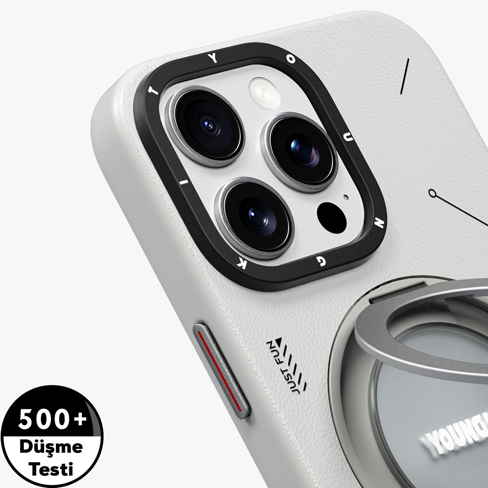 Apple iPhone 15 Pro Uyumlu Kılıf Magsafe Şarj Özellikli 360° Standlı Basit Mat Deri Desenli Youngkit Tech Leather Serisi Kapak - 6