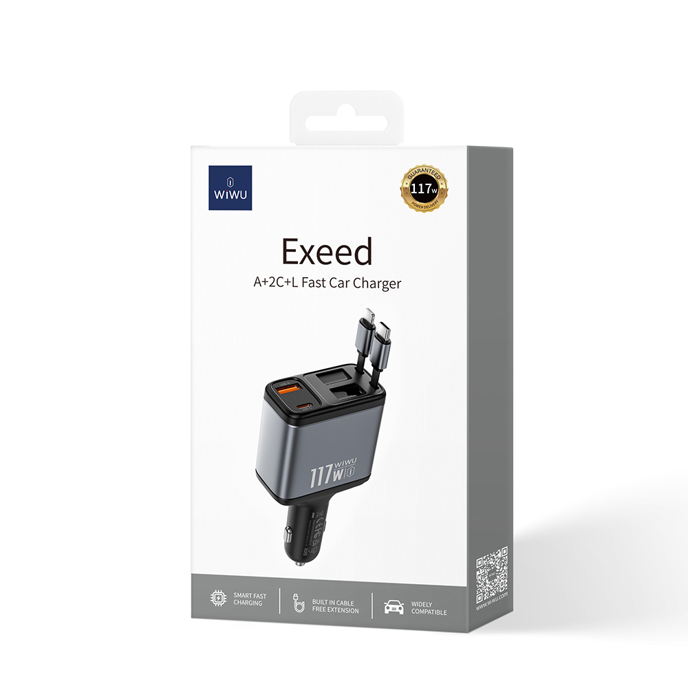 Wiwu Wi-QC027 Exeed Serisi Type-C&Lightning Kablolu + USB-A Hızlı Şarj Özellikli Led Göstergeli Araç Şarj Aleti 117W - 5