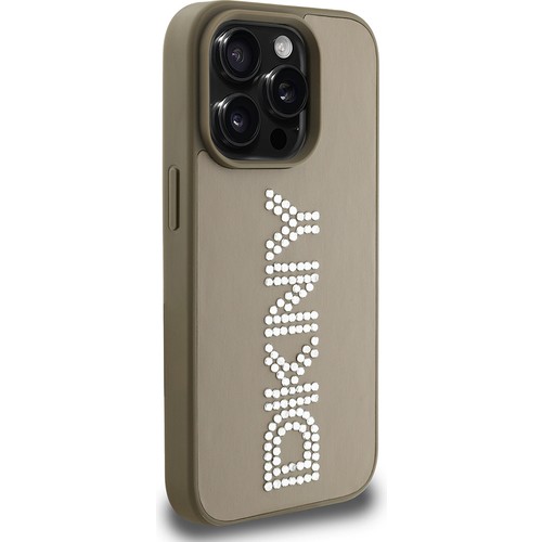 Apple iPhone 15 Pro Max Uyumlu Kılıf DKNY Orjinal Lisanslı Taşlı DKNY Yazılı Metalik Rhinestones PU Deri Kapak