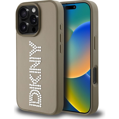 Apple iPhone 16 Pro Uyumlu Kılıf DKNY Orjinal Lisanslı Taşlı DKNY Yazılı Metalik Rhinestones PU Deri Kapak