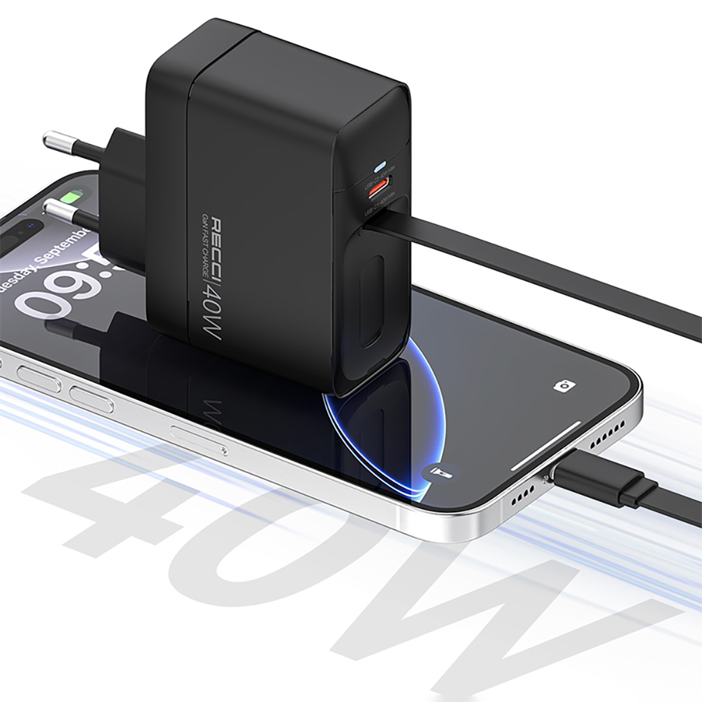 Recci RC102E GaN Teknolojili Hızlı Şarj Başlığı USB-A to Type-C PD 40W Type-C Kablolu Şarj Seti - 2