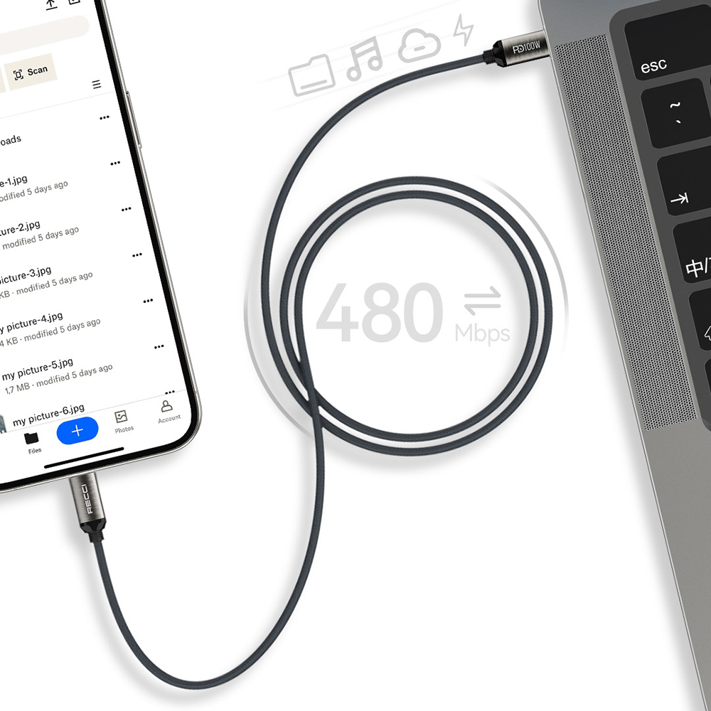 Recci RS45CC Type-C to Type-C PD 100W Örgü Tasarımlı Hızlı Şarj Özellikli Data ve Şarj Kablosu 1M - 5