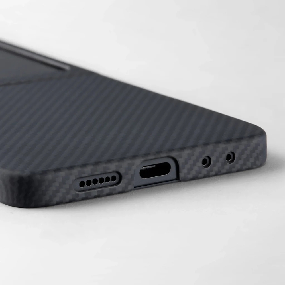 Samsung Galaxy Z Flip Uyumlu 7 Kılıf M-safe Şarj Özellikli 600D Aramid Fiber Pitaka Ultra-Slim Classic Serisi Black-Grey Twill Kapak - 3
