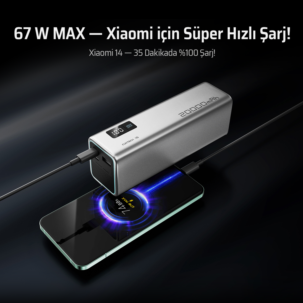 CUKTECH 15 SE Powerbank 20000 mAh | 100 W PD3.1 Süper Hızlı Şarj | 3 Port (2C1A) | TFT Ekranlı Taşınabilir Şarj Cihazı – Laptop, MacBook, iPhone, Samsung, Xiaomi ile Uyumlu