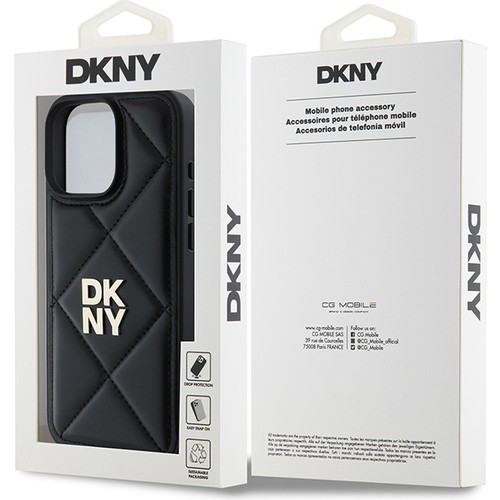 iPhone 16 Pro Max Uyumlu Kılıf Dkny Orjinal Lisanslı Kapitone Tasarımlı Metal Logolu Deri Siyah