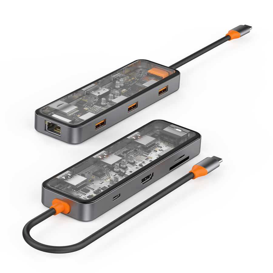 Wiwu CB008 Cyber 8 in 1 Type-C Hub 100W Şarj Destekli Şeffaf Görünümlü SD Kart-RJ45-Hdmi-Usb Çoğaltıcı - 5