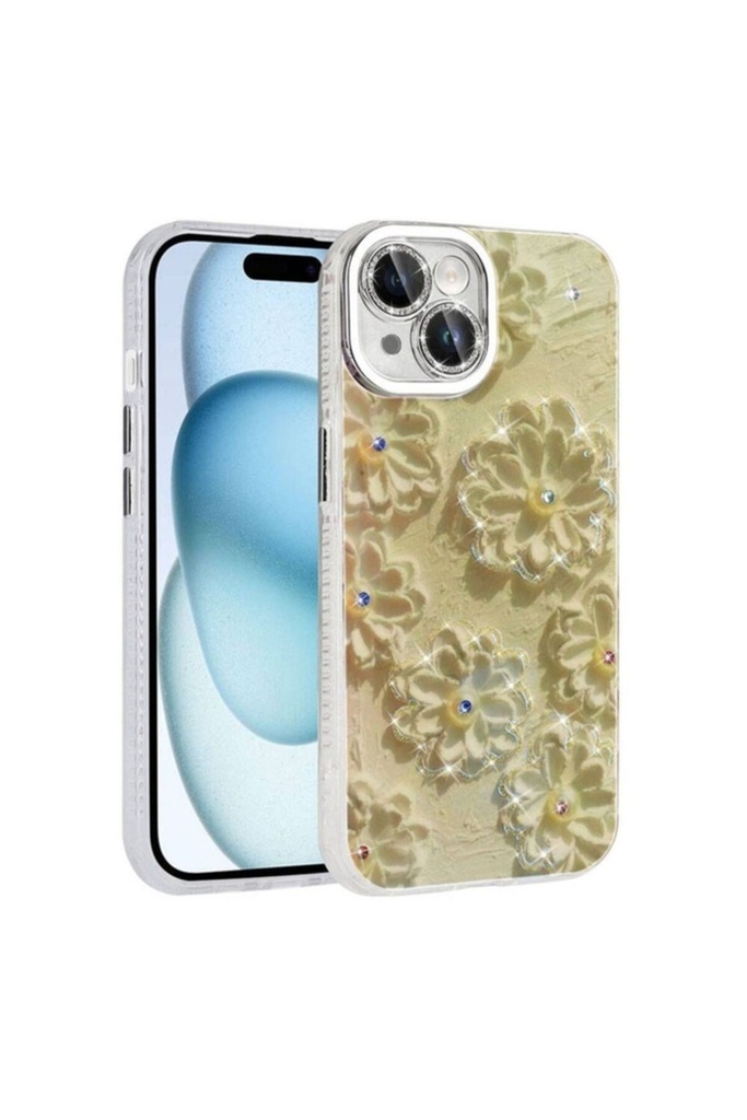 Apple iPhone 14 Uyumlu Kılıf Çiçek Desenli Parlak Taşlı Sert Silikon Zore Garden Kapak