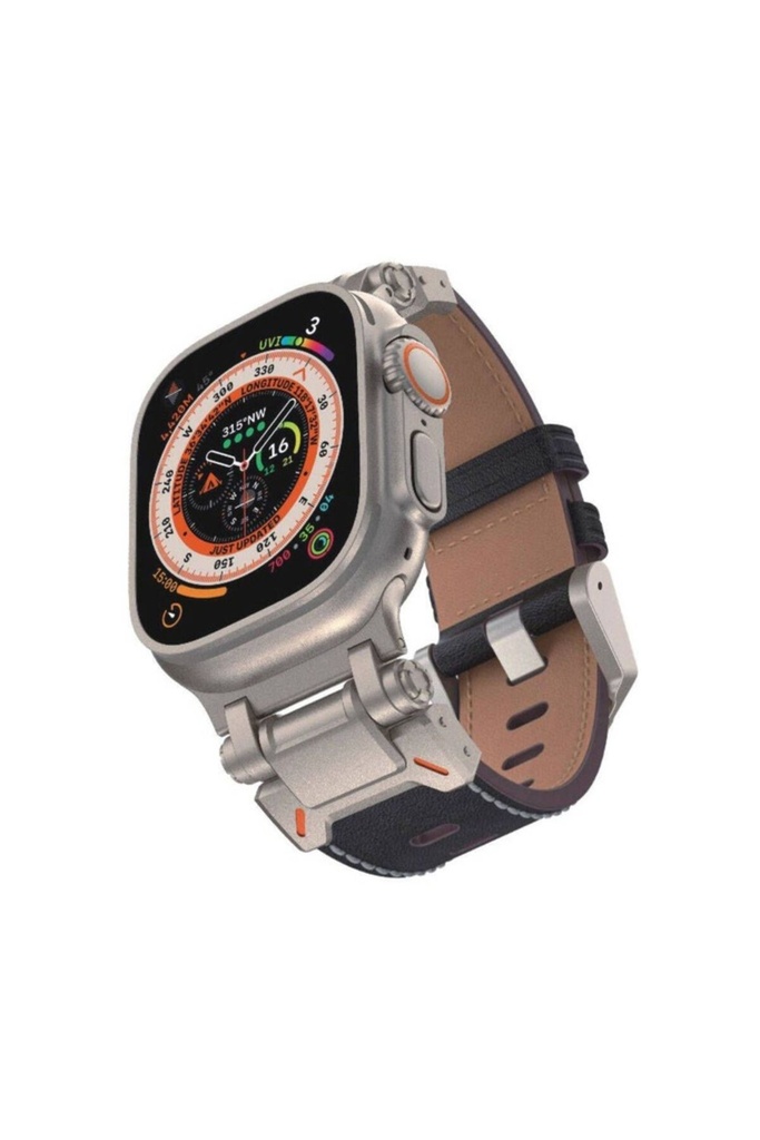 Apple Watch 44mm Uyumlu Zore KRD-114 Metal Başlıklı Suni Deri Kordon