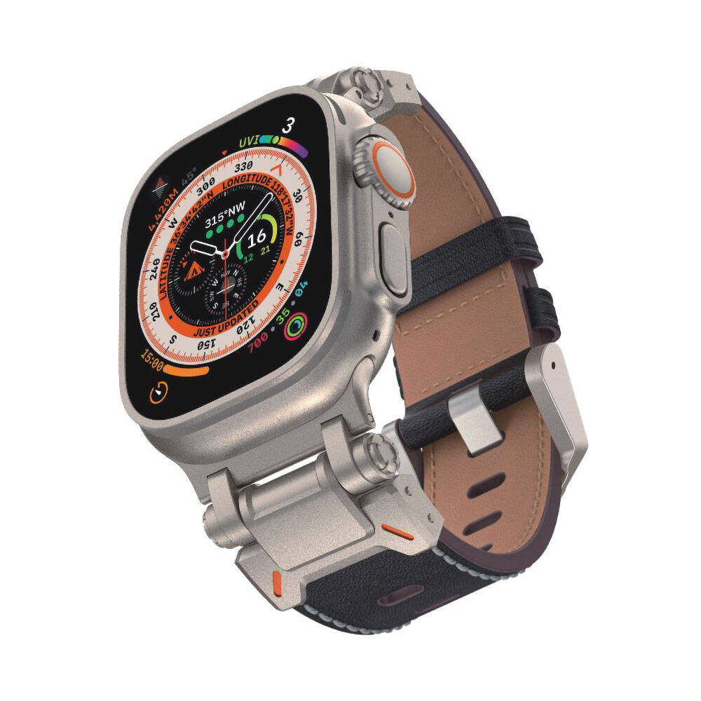 Apple Watch 7 45mm Uyumlu Kordon Suni Deri Metal Başlıklı Zore KRD-114 Kayış