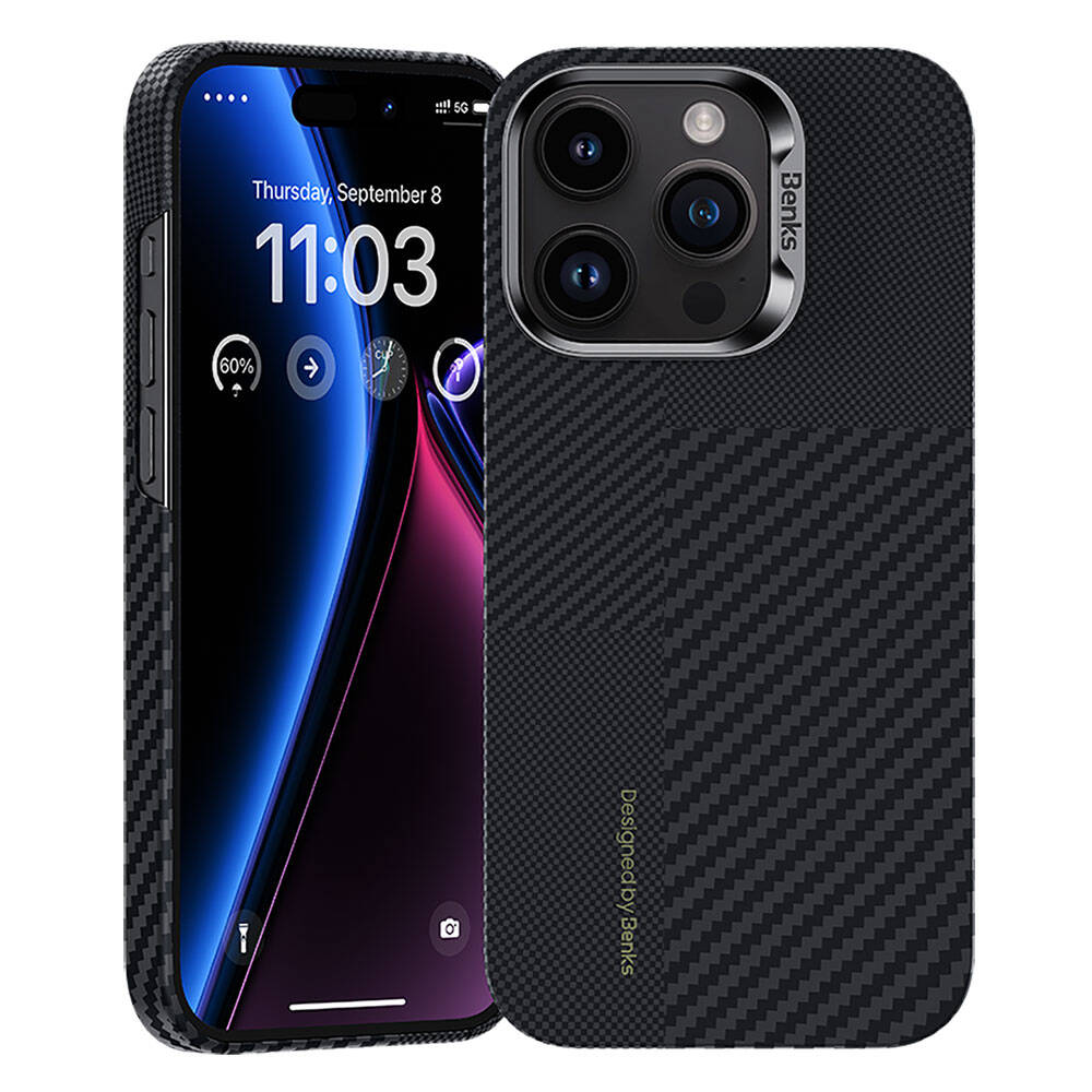 Apple iPhone 14 Pro Max Uyumlu Kılıf M-safe Şarj Özellikli Karbon Fiber Benks Montage ArmorAir Kevlar Kapak