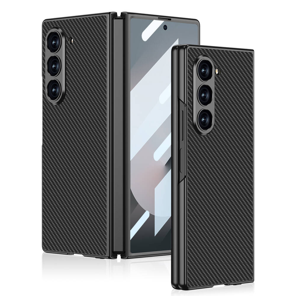 Samsung Galaxy Z Fold 6 Uyumlu Kılıf Karbon Fiber Tasarımlı Titanyum Metal Zore Kıpta Caz Kapak