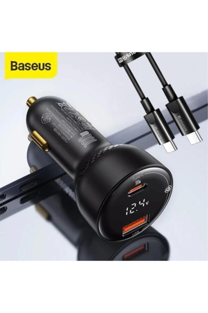 Baseus Superme 100W Pps Dijital Göstergeli Hızlı Araç Şarj Cihazı + 100W Type-C to Type-C Kablo