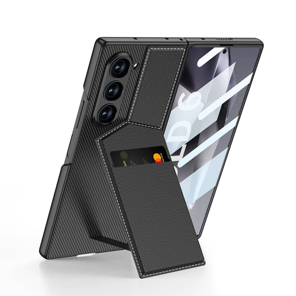 Samsung Galaxy Z Fold 6 Uyumlu Kılıf Karbon Fiber Deri Kartlıklı Zore Kıpta Dik Açılan Kartlıklı Kapak
