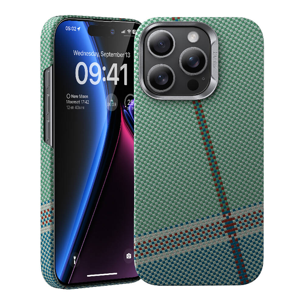 Apple iPhone 16 Pro Uyumlu Kılıf M-safe Şarj Özellikli Karbon Fiber Tasarımlı Benks Passion Green ArmorAir Kevlar Kapak