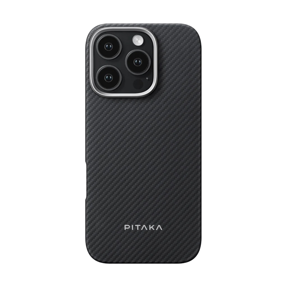 Apple iPhone 16 Pro Uyumlu Kılıf M-safe Şarj Özellikli 600D Aramid Fiber Pitaka Ultra-Slim Classic Serisi Black-Grey Twill Kapak