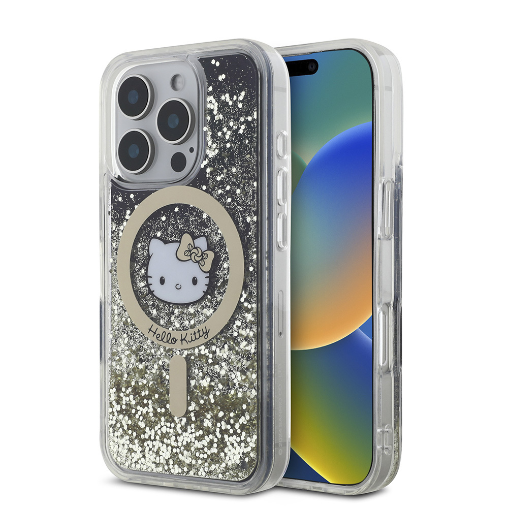 Apple iPhone 16 Pro Uyumlu Kılıf Hello Kitty Orjinal Lisanslı M-safe Şarj Özellikli IML Baskı Kitty Head Logolu Sıvılı Simli Altın Ateşi Kapak