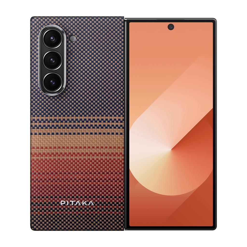 Samsung Galaxy Z Fold 6 Uyumlu Kılıf M-safe Şarj Özellikli Aramid Fiber Pitaka Tactile Woven Sunset-Moonrise Serisi Sunset Kapak