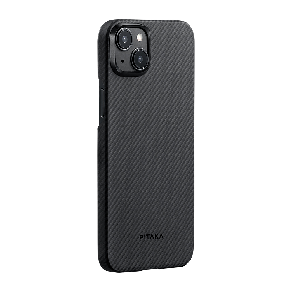 Apple iPhone 15 Plus Uyumlu Kılıf M-safe Şarj Özellikli 600D Aramid Fiber Pitaka Ultra-Slim Classic Serisi Black-Grey Twill Kapak