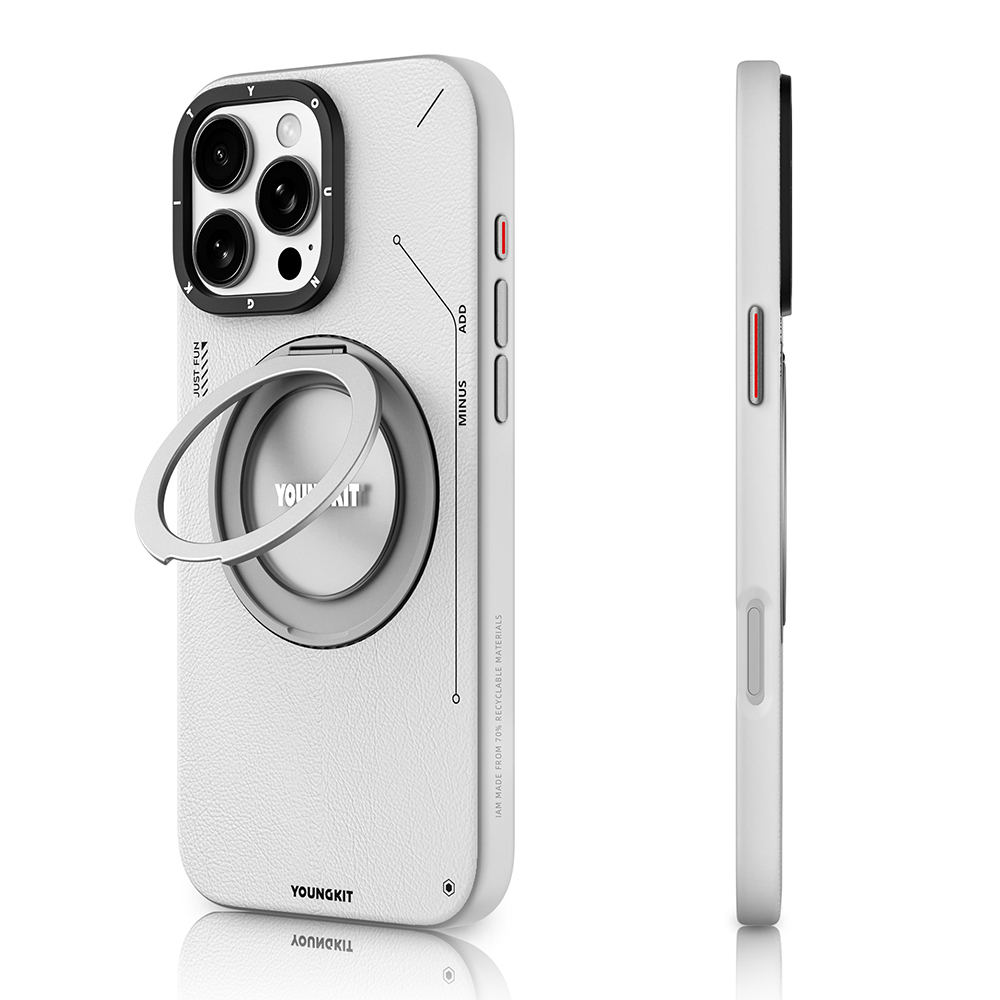 Apple iPhone 16 Pro Uyumlu Kılıf M-safe Şarj Özellikli 360° Standlı Basit Mat Deri Desenli Youngkit Tech Leather Serisi Kapak