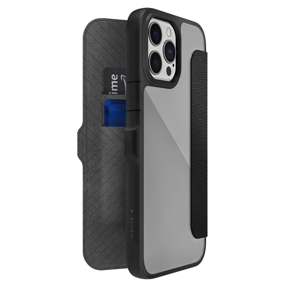 Apple iPhone 13 Pro Max Uyumlu Kılıf Vegan Deri Tasarımlı Şeffaf Arka Yüzey Kartlıklı Raptic Urban Folio Serisi Kapak