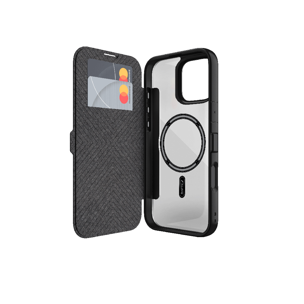 Apple iPhone 16 Uyumlu Kılıf M-safe Şarj Özellikli Vegan Deri Tasarımlı Şeffaf Arka Yüzey Kartlıklı Raptic Urban Folio Serisi Kapak