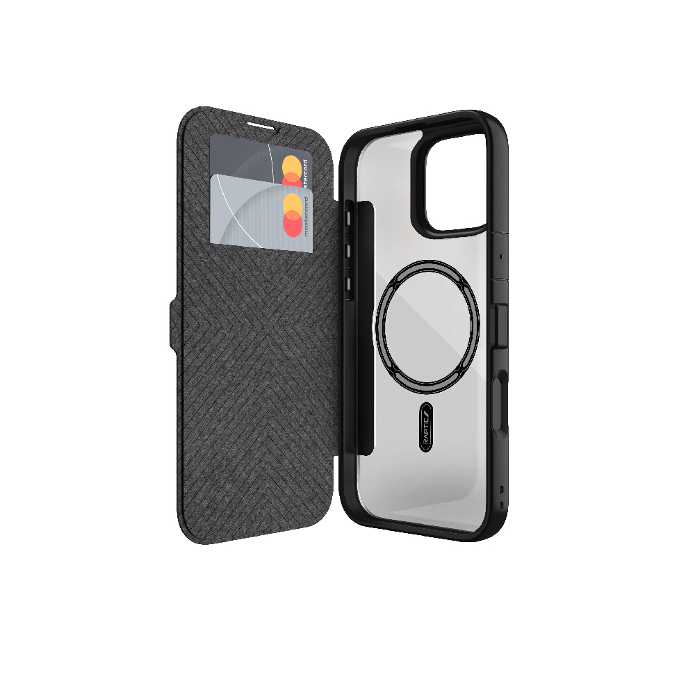 Apple iPhone 16 Plus Uyumlu Kılıf M-safe Şarj Özellikli Vegan Deri Tasarımlı Şeffaf Arka Yüzey Kartlıklı Raptic Urban Folio Serisi Kapak