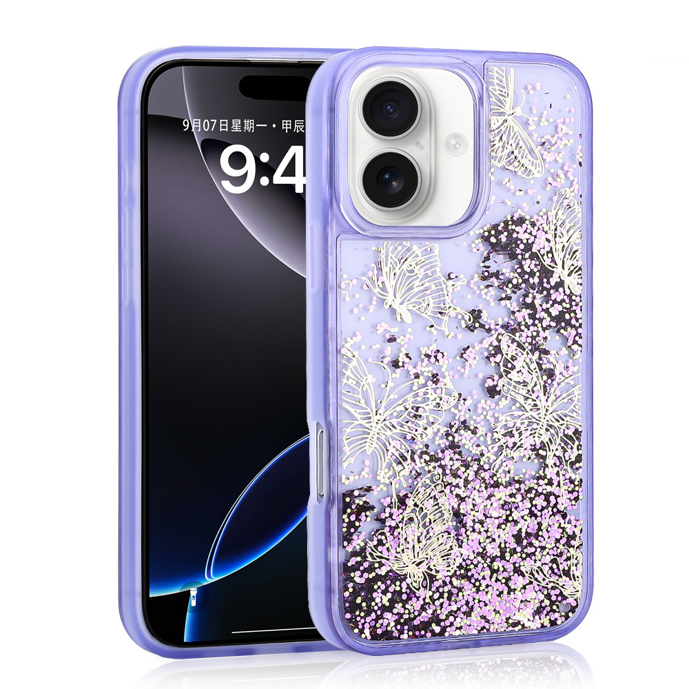 Apple iPhone 16 Uyumlu Kılıf Sıvılı Simli Kelebek Baskılı Şeffaf Arka Yüzey Zore Glis Silikon Kapak