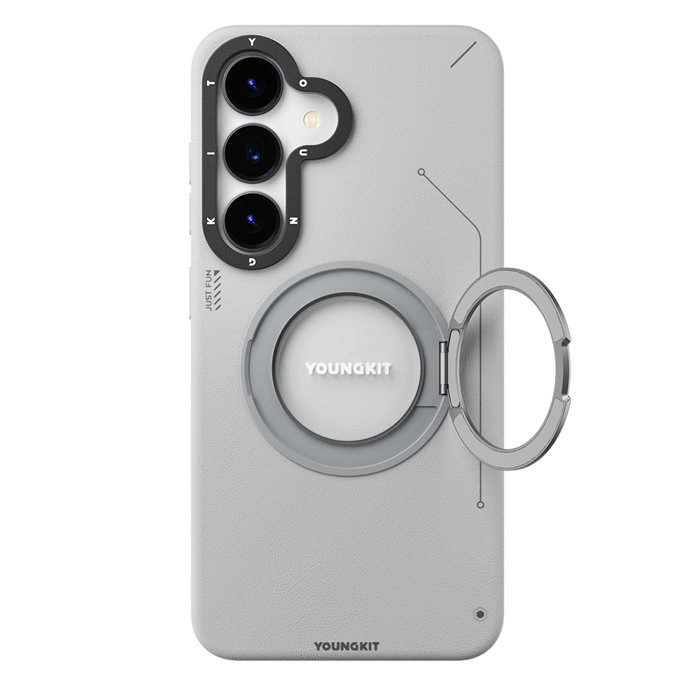 Samsung Galaxy S25 Uyumlu Kılıf M-safe Şarj Özellikli 360° Standlı Basit Mat Deri Desenli Youngkit Tech Leather Serisi Kapak