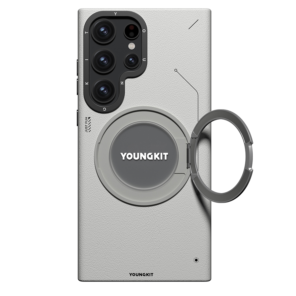 Samsung Galaxy S23 Ultra Uyumlu Kılıf M-safe Şarj Özellikli 360° Standlı Basit Mat Deri Desenli Youngkit Tech Leather Serisi Kapak