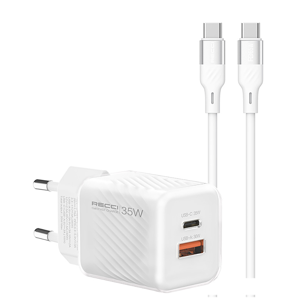Recci RC83ECC GaN Teknolojili Hızlı Şarj Başlığı USB-A to Type-C PD 35W Kablolu Şarj Seti