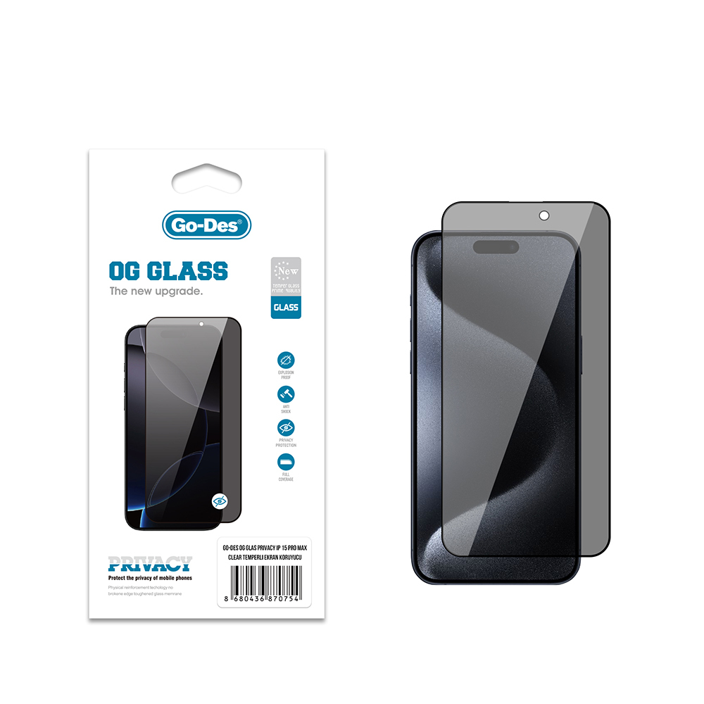 Apple iPhone 15 Pro Max Uyumlu Go Des OG Glass Privacy Antistatik Temperli Cam Ekran Koruyucu