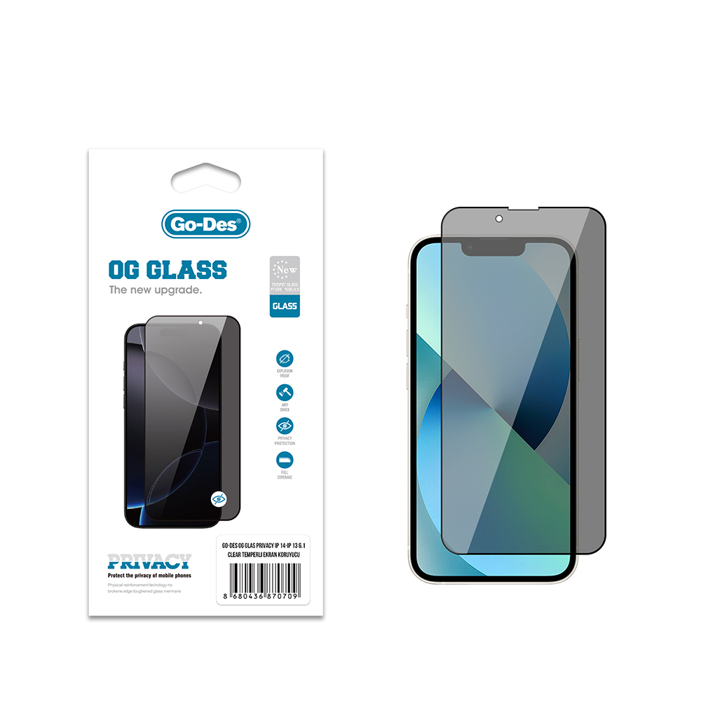 Apple iPhone 14 Uyumlu Go Des OG Glass Privacy Antistatik Temperli Cam Ekran Koruyucu