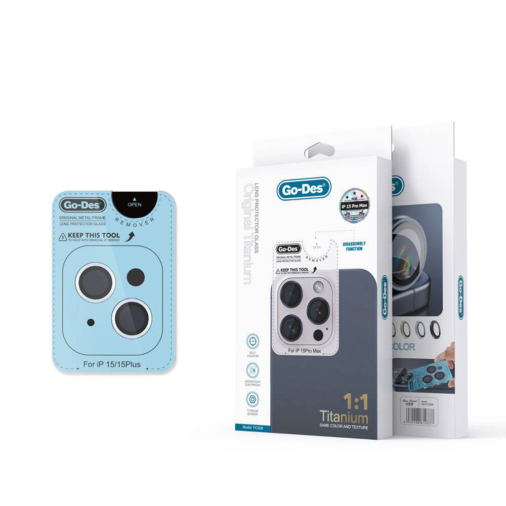 Apple iPhone 15 Uyumlu Go Des Titanium Premium Temperli Kamera Lens Koruyucu