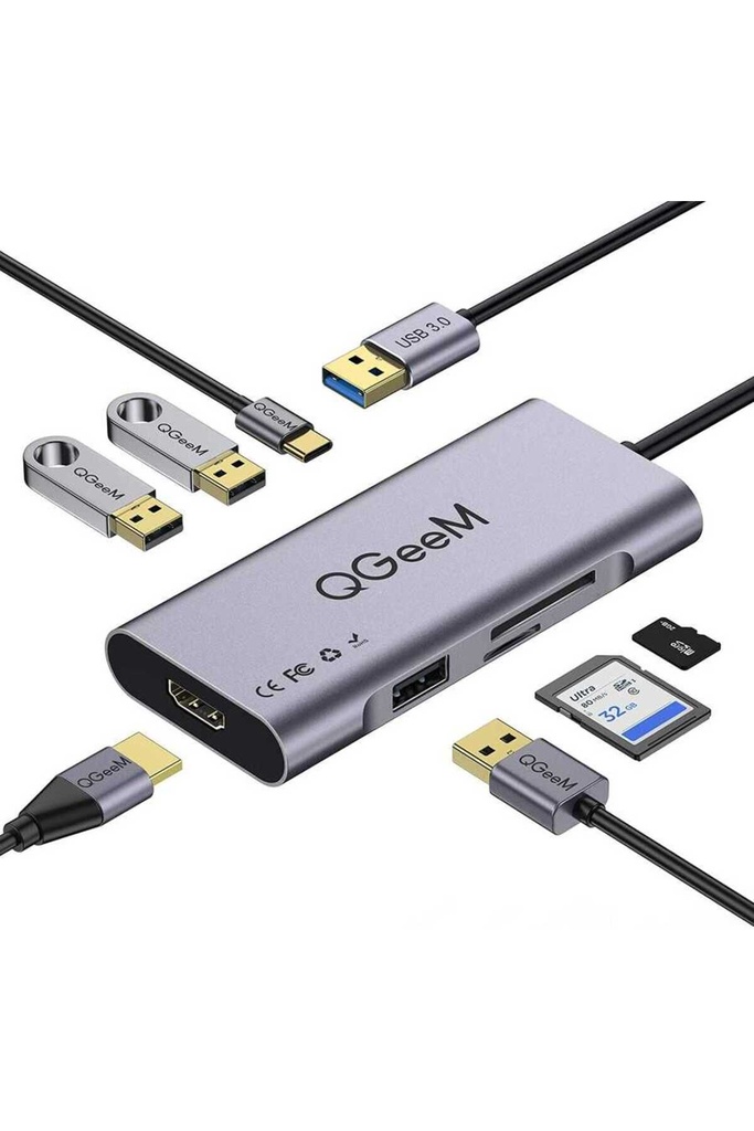 Qgeem QG-UH07-A Type-C Çoğaltıcı ve Dönüştürücü Hub Usb 3.0 HDMI 4K SD Kart 85W 5120Mbps