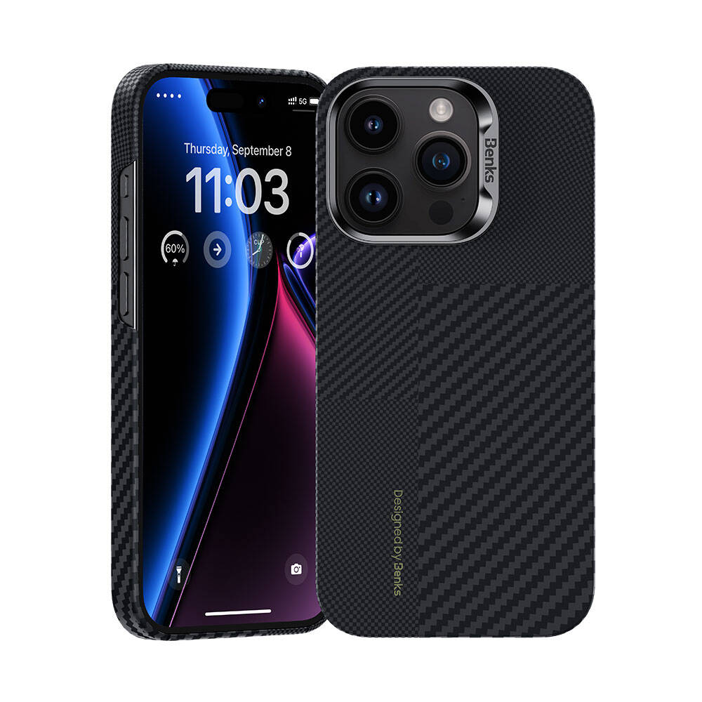 Apple iPhone 15 Pro Uyumlu M-safe Şarj Özellikli Karbon Fiber Benks Montage ArmorAir Kevlar Kapak