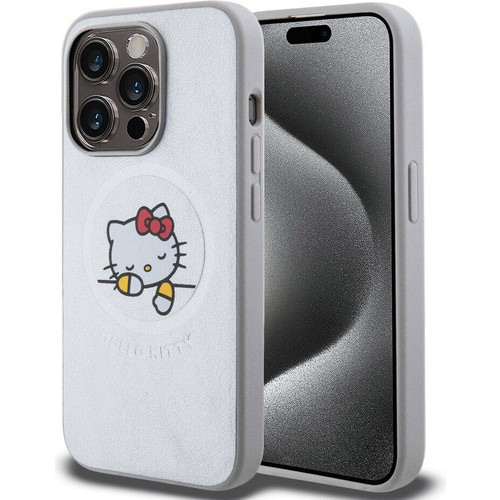 Apple iPhone 15 Pro Uyumlu Kılıf Hello Kitty Orjinal Lisanslı M-safe Şarj Özellikli Baskı Logolu Uyuyan Kitty Deri Kapak