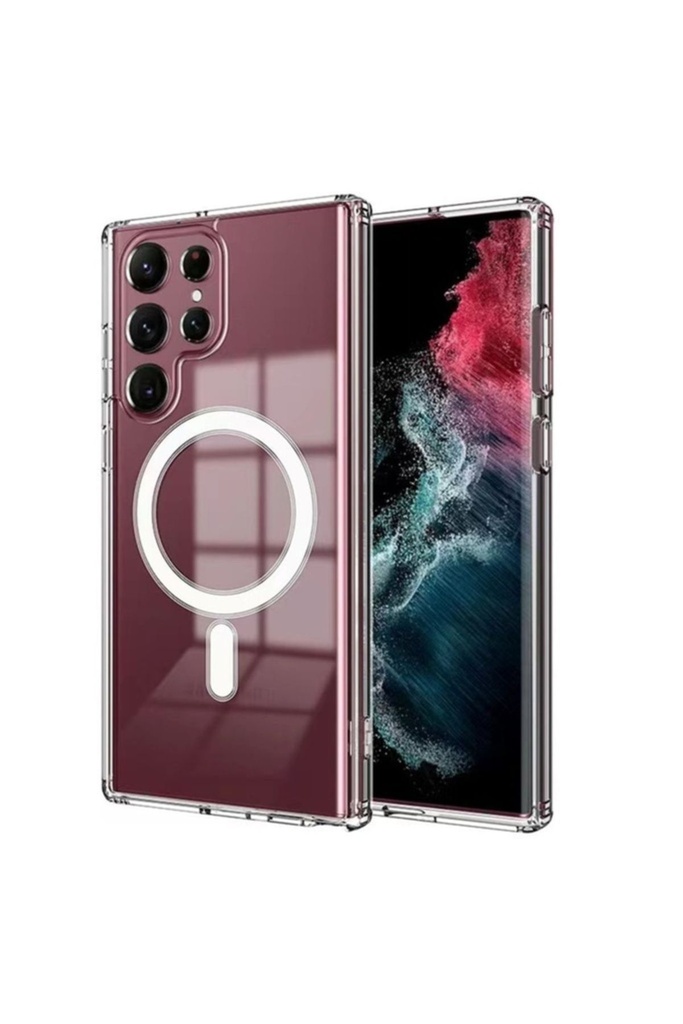 Samsung Galaxy S22 Ultra Uyumlu Kılıf Zore M-safe Şarj Özellikli Şeffaf Sert PC Zore Embos Kapak