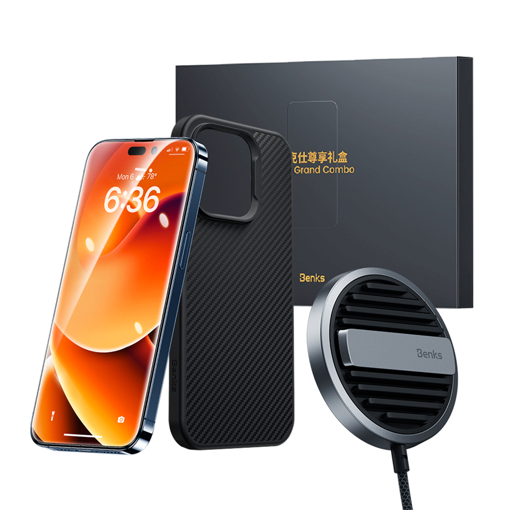Apple iPhone 14 Pro Max Uyumlu Benks Grand Combo MFM01 3in1 Aksesuar Seti Kılıf-Ekran Koruyucu-Wireless Şarj Aleti