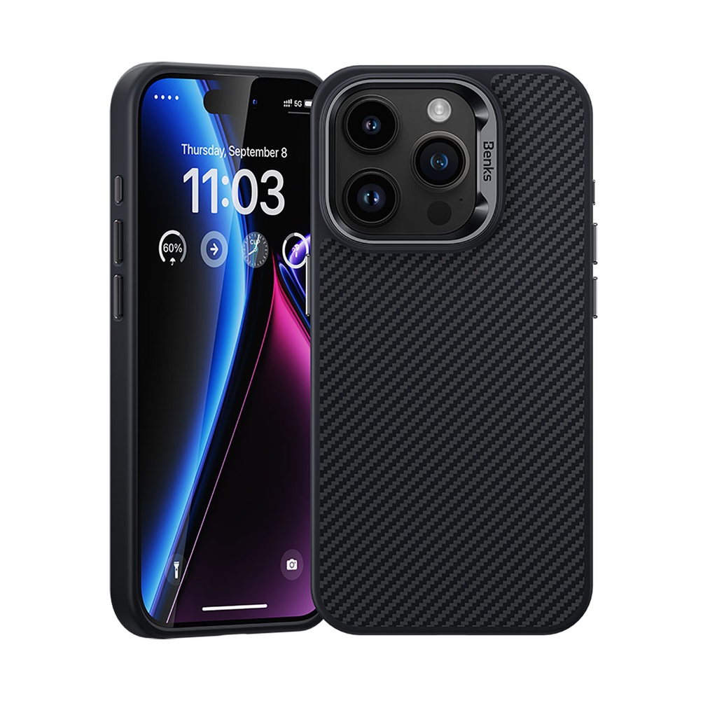 Apple iPhone 15 Pro Uyumlu Kılıf Karbon Fiber M-safe Şarj Özellikli Benks Hybrid ArmorPro 600D Kevlar Kapak
