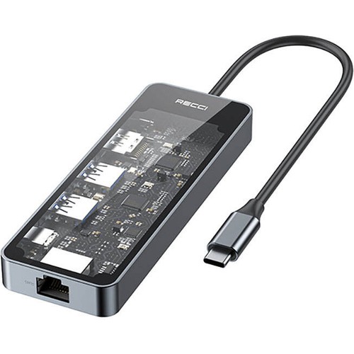 Recci RH17 Type-C to Type-C PD100W + USB3.0 + HDMI + Type-C + RJ45 Bağlantılı 6in1 Hub