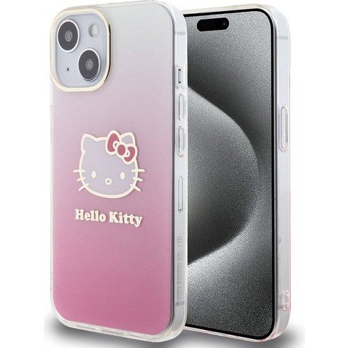 Apple iPhone 15 Uyumlu Kılıf Hello Kitty Orjinal Lisanslı Yazı ve İkonik Logolu Elektroplating Kaplama Gradyan Kapak
