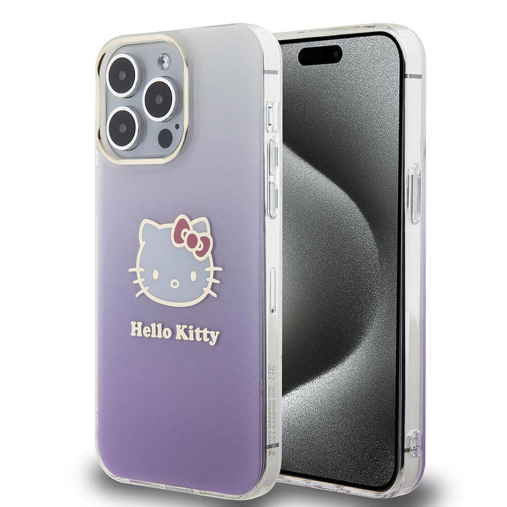 Apple iPhone 15 Pro Max Uyumlu Kılıf Hello Kitty Orjinal Lisanslı Yazı ve İkonik Logolu Elektroplating Kaplama Gradyan Kapak